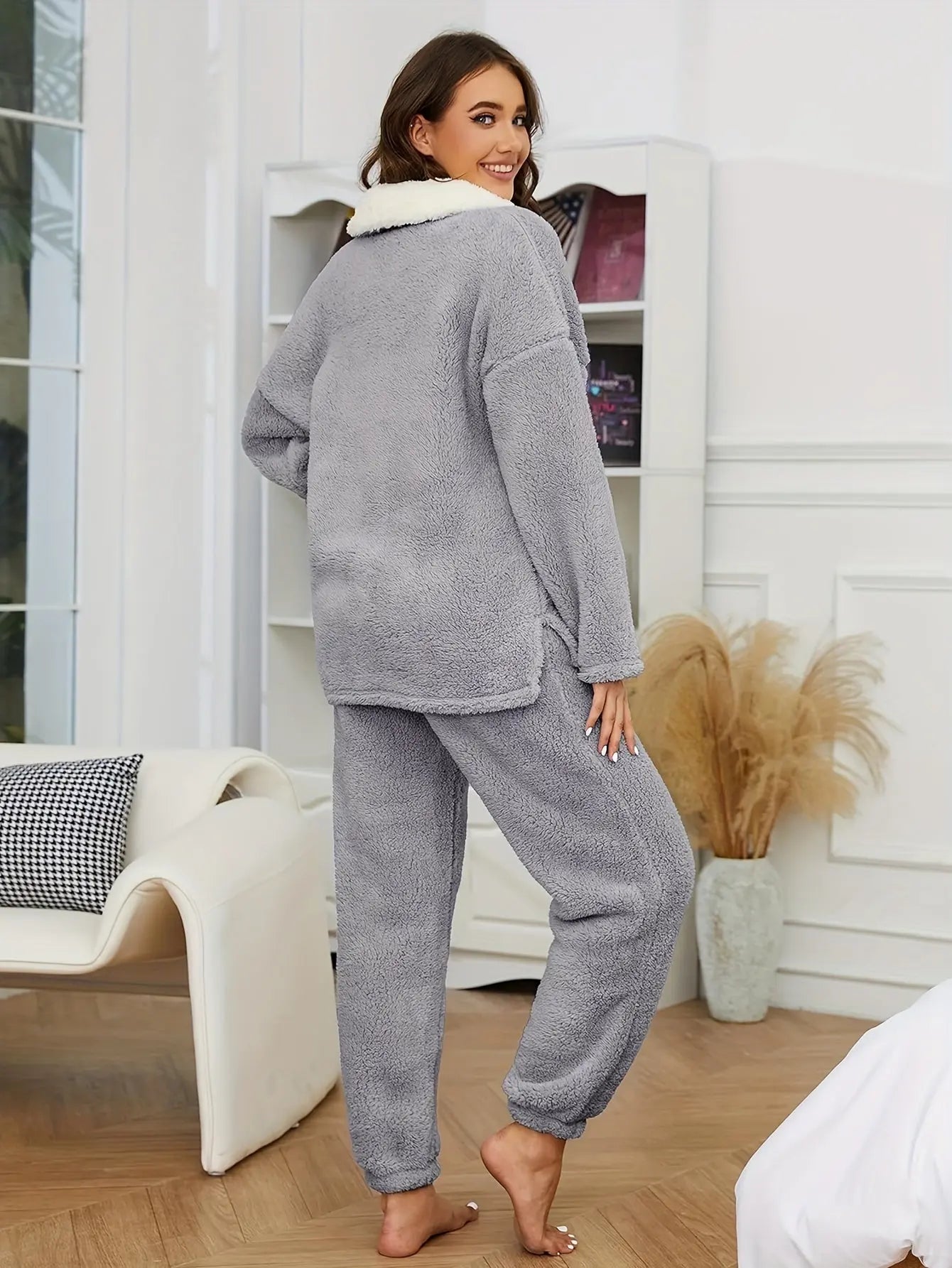 Women's Fluzzy Fleece Pajamas Warm Pullover Lapel Sleepwear Sets MyFave Boutique