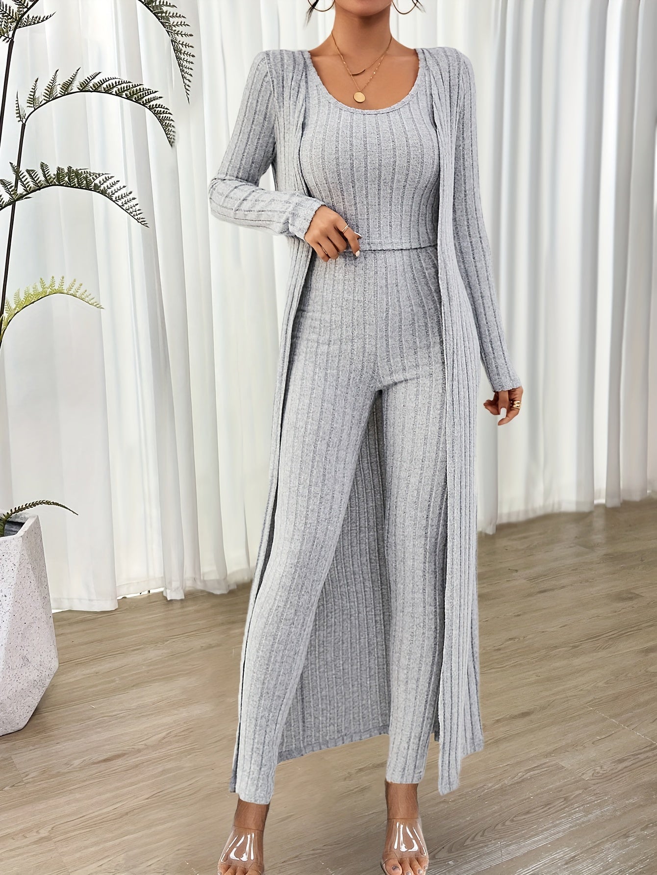 Ribbed Solid Three-piece Set, Crop Tank Top & Long Sleeve Cardigan & High Waist Pants Outfits, Women's Clothing MyFave Boutique