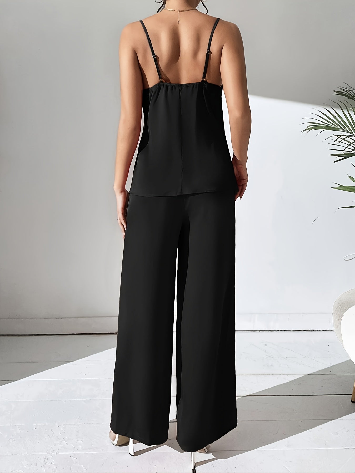 Elegant Solid Color Pantsuits, Cowl Neck Sleeveless Cami Top & High Waist Wide Leg Pants Outfits, Women's Clothing MyFave Boutique