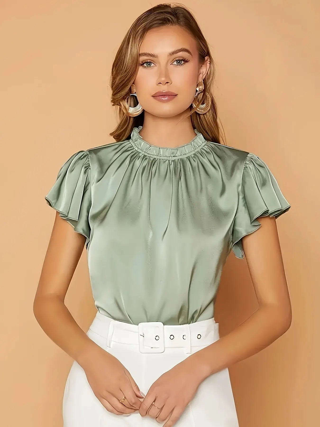 Elegant Butterfly Sleeve Plicated Detail Blouse with Keyhole Back, Women's Clothing MyFave Boutique