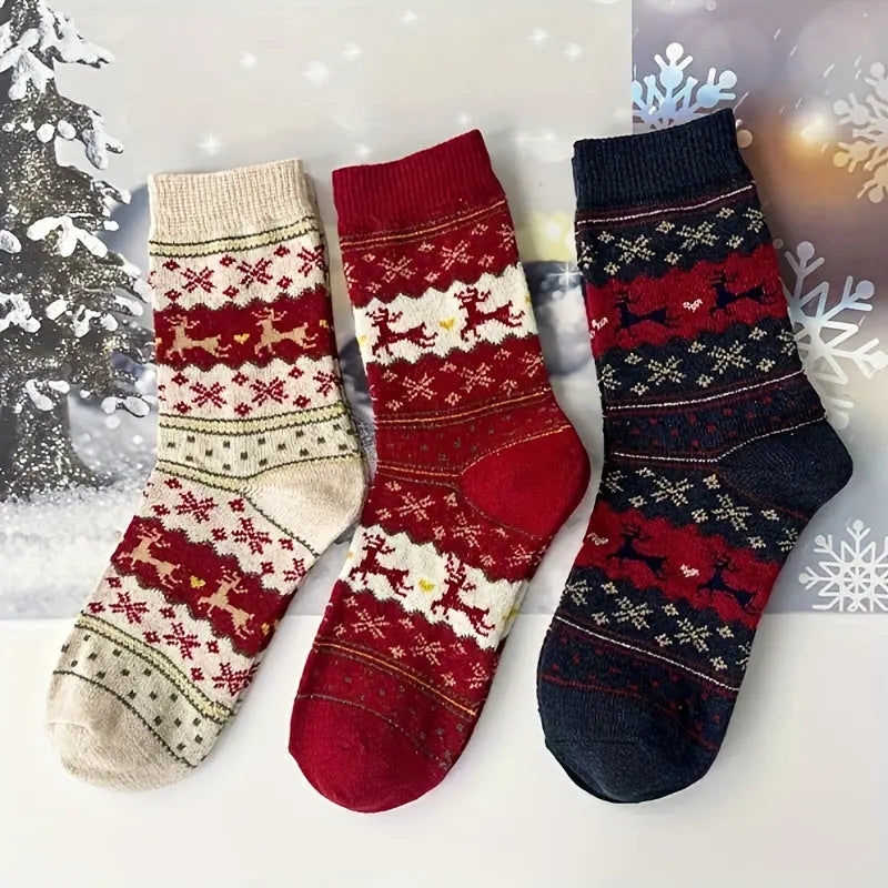 5pcs 5 Pairs Festive Reindeer & Snowflake Wool Socks, Cozy Thick Warm Winter Socks for Women, Soft Polyester Blend, Machine Washable MyFave Boutique