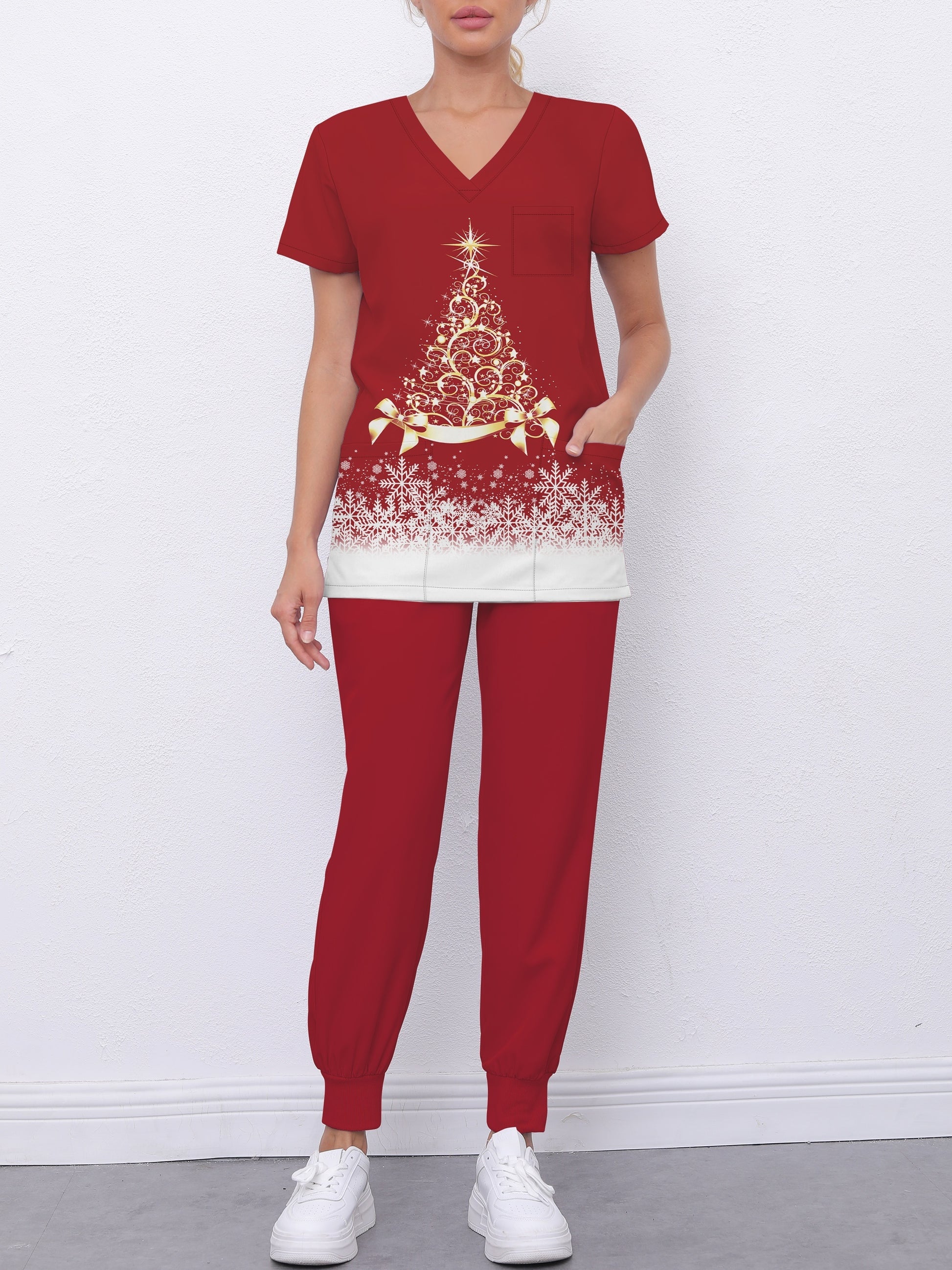 Women's Christmas Themed V-Neck Scrub Set with Pockets, Polyester and Elastane Blend, Casual Style, Slight Stretch Fabric, Regular Sleeve, All-Season Woven Uniform with Elastic Hem Pants MyFave Boutique