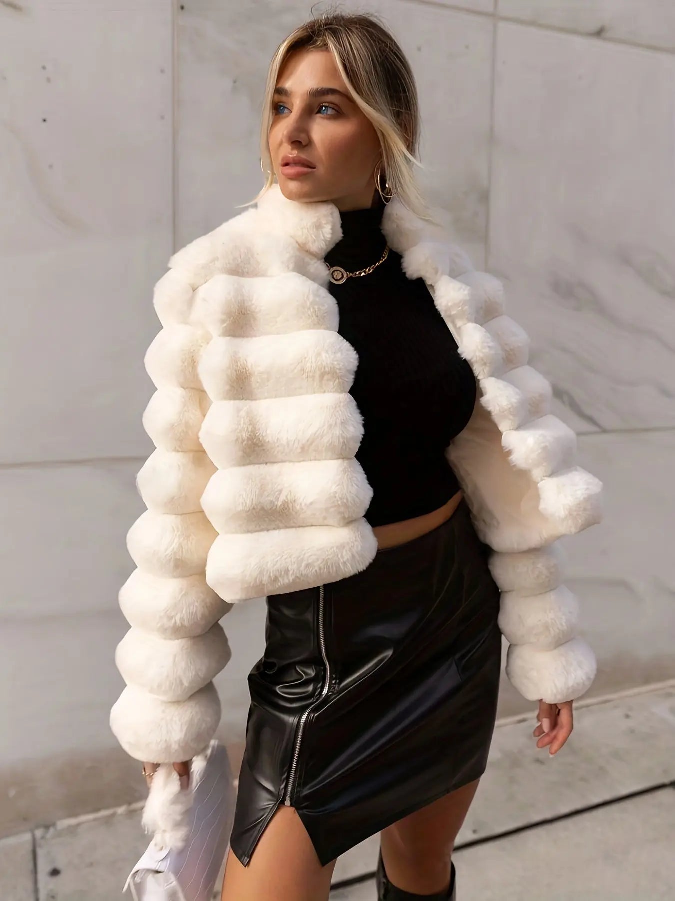 Faux Fue Open Front Fuzzy Coat, Elegant Chic Long Sleeve Warm Outerwear For Fall & Winter, Women's Clothing MyFave Boutique