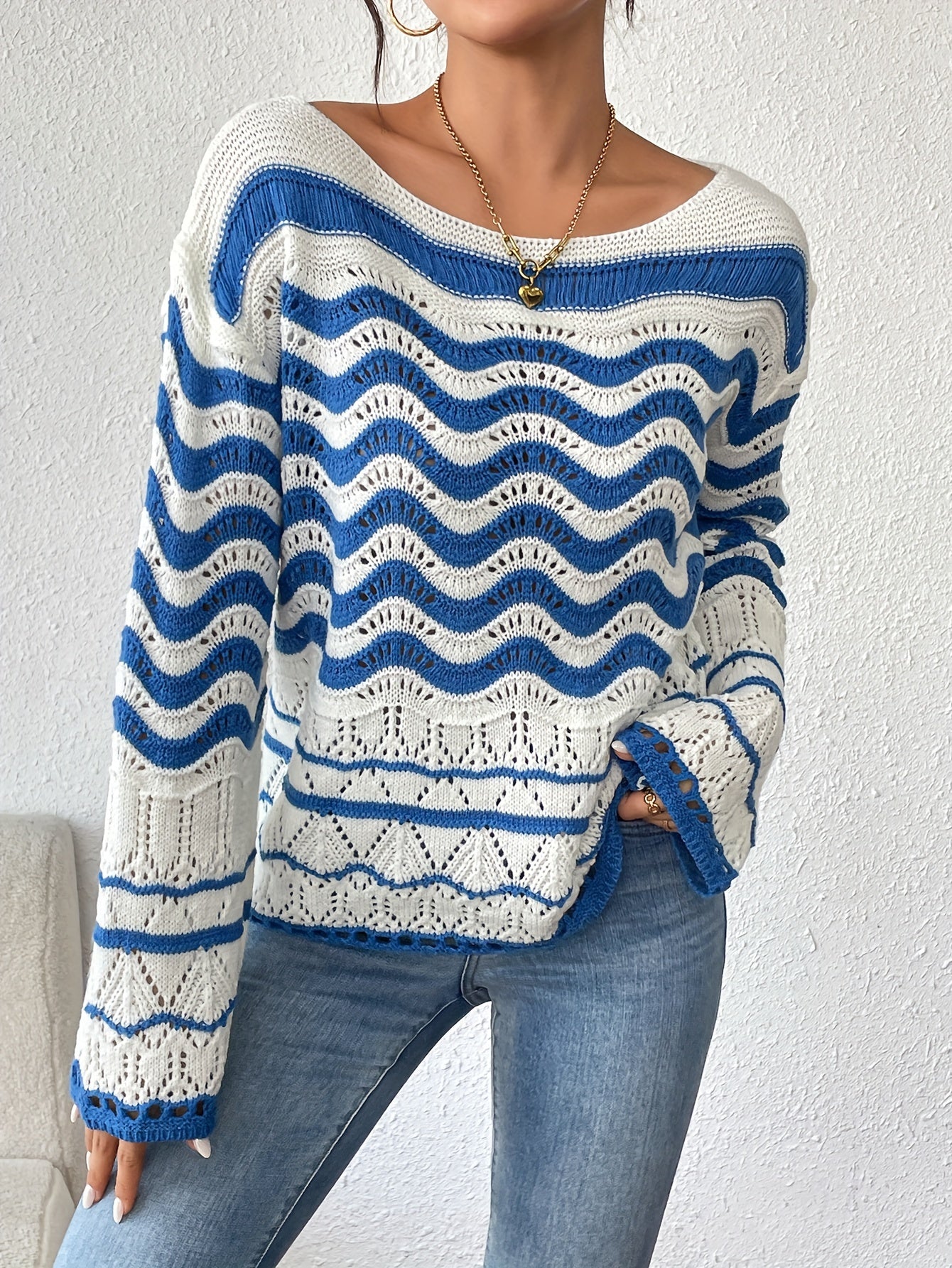 Elegant Off-Shoulder Wave Pattern Color Block Knit Sweater - Long Sleeve, Breathable Acrylic for Women - Perfect for Fall/Winter MyFave Boutique