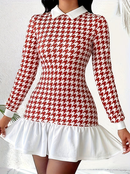 Elegant Houndstooth Print Dress with Contrasting Collar and Ruffled Hem, Polyester Knit Fabric, Long Sleeve, Fit and Flare Style for Spring/Summer/Fall - Adult Women's Polyester Blend (95% Polyester, 5% Elastane) MyFave Boutique