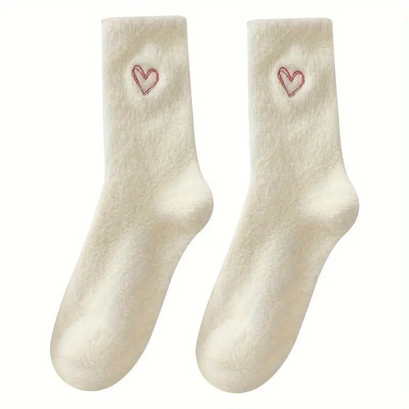 5 Pairs Heart Embroidery Socks, Cute & Warm Fluffy Thick Floor Mid Tube Socks For Fall & Winter, Women's Stockings & Hosiery MyFave Boutique