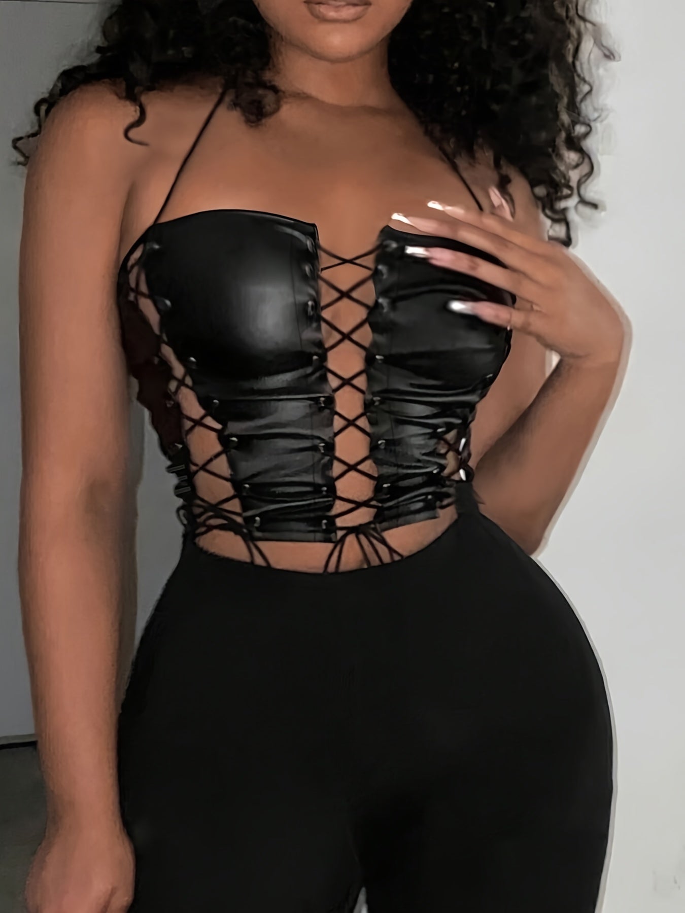 Backless Lace Up Halter Top, Sexy Sleeveless Zipped Slim Crop Top For Spring & Summer, Women's Clothing MyFave Boutique