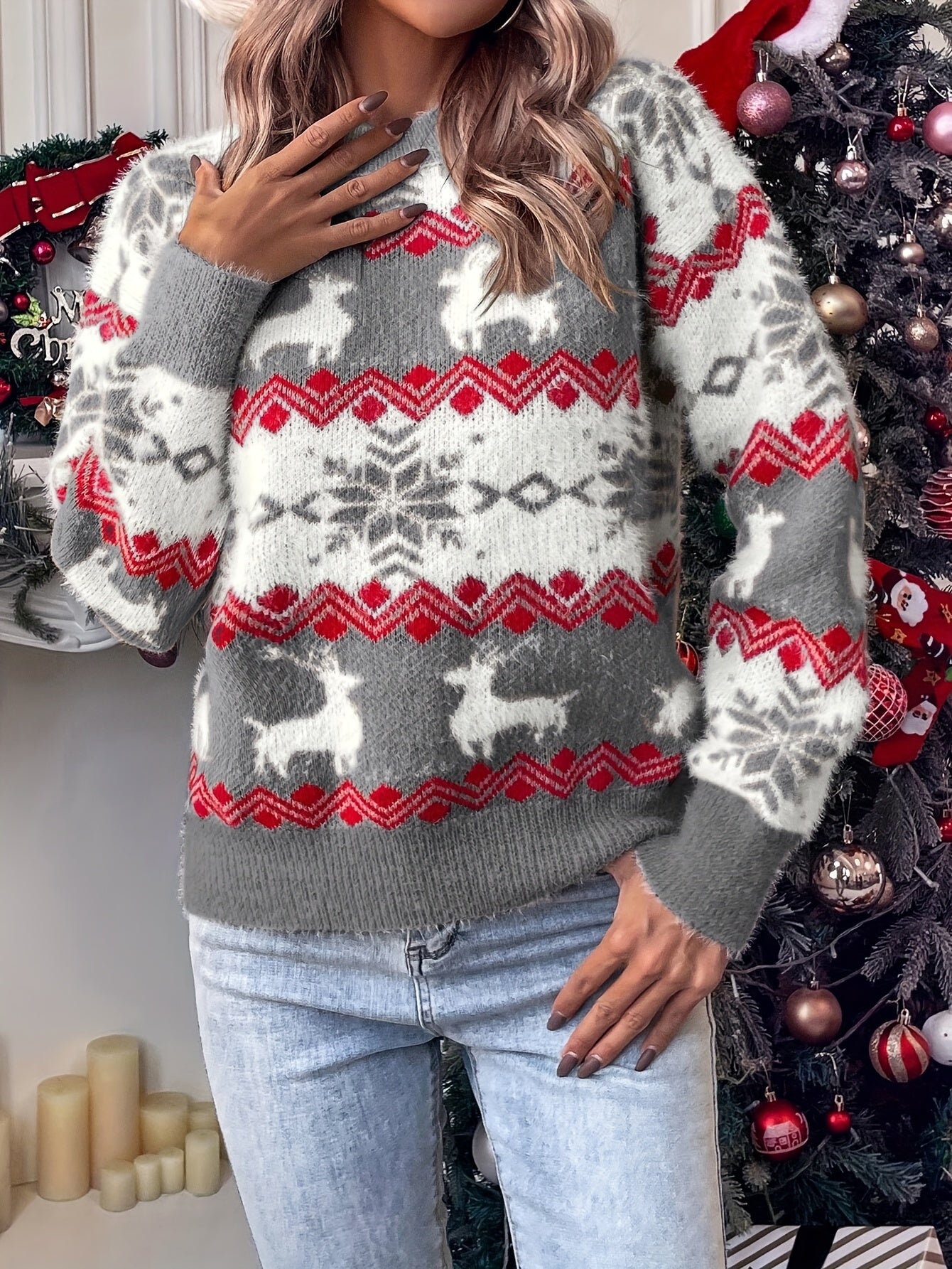 Christmas Pattern Crew Neck Sweater, Elegant Long Sleeve Sweater For Fall & Winter, Women's Clothing MyFave Boutique