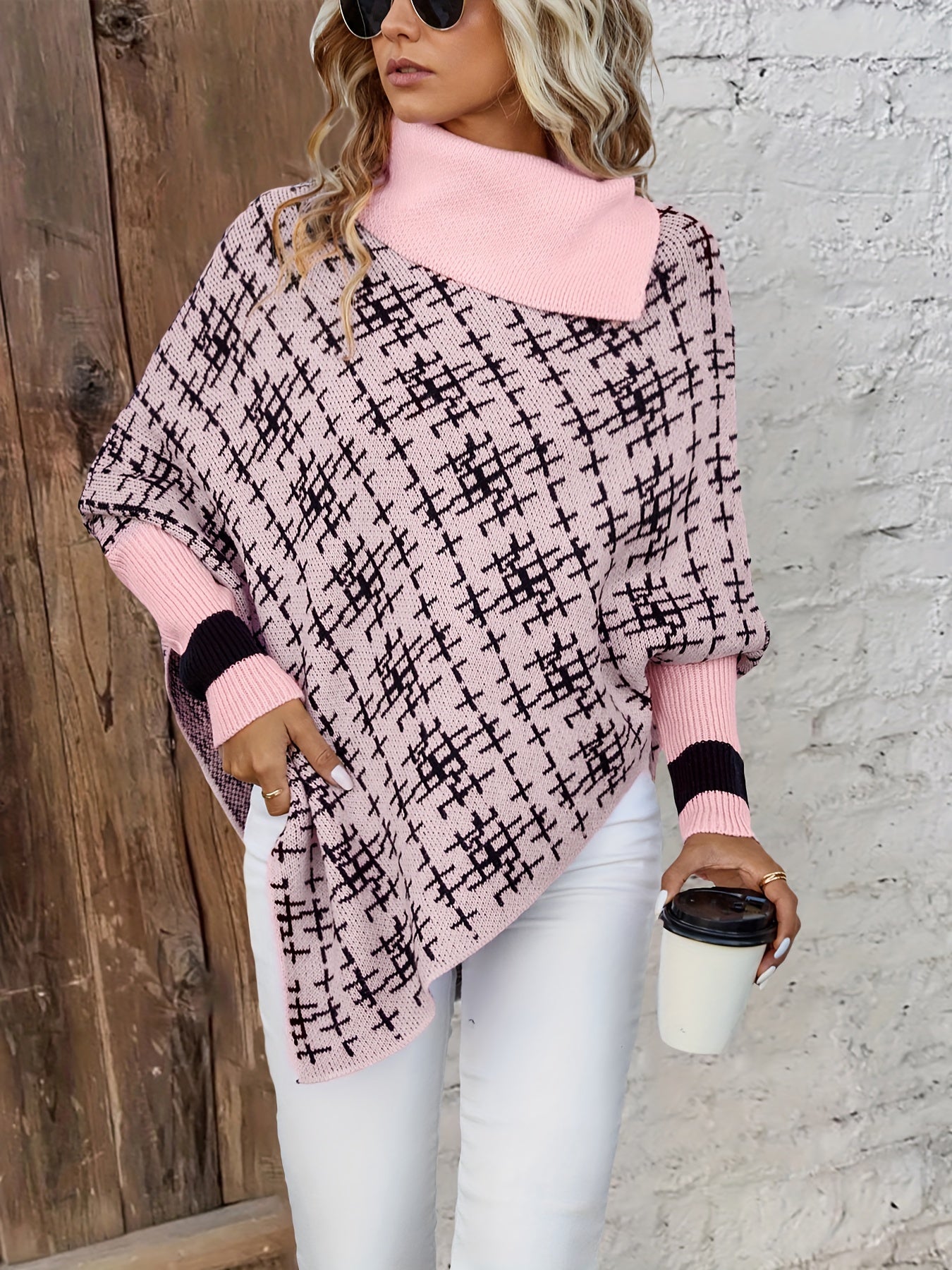 Women's Plaid Turtle Neck Cape Sweater with Batwing Sleeves and Asymmetrical Hem - Stylish and Comfortable Fall/Winter Clothing MyFave Boutique