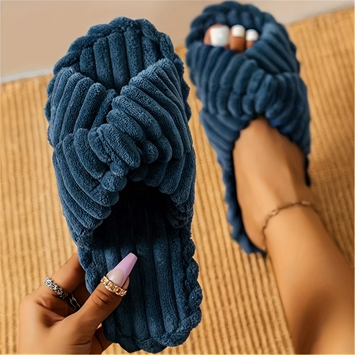 Cross Band Fuzzy Warm Home Slippers, Comfortable Open Toe Soft Sole Shoes, Cozy Slip On Mute House Slippers MyFave Boutique