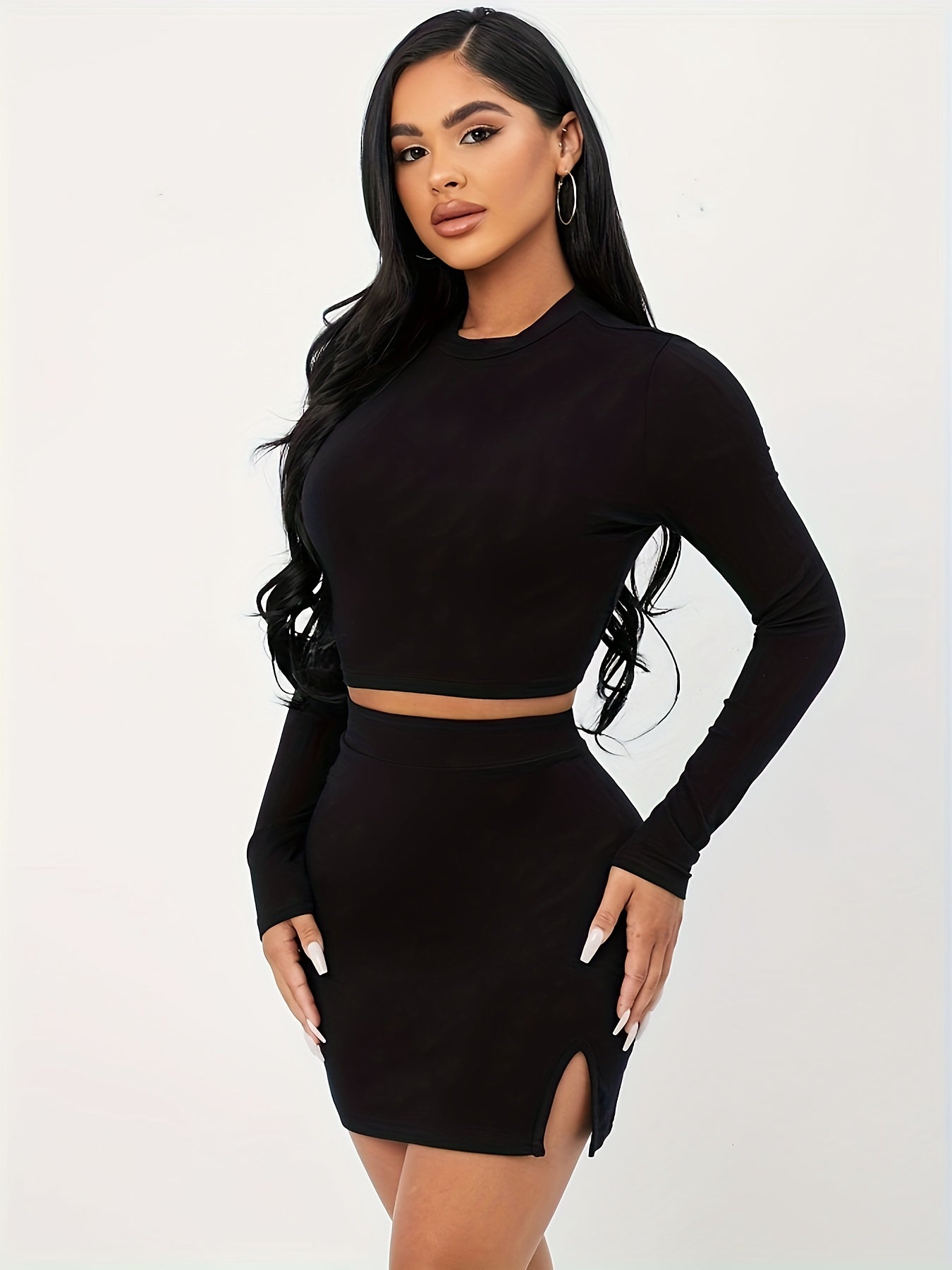 Solid Color Elegant Skirt Set, Long Sleeve Crew Neck Crop T-shirt & High Waist Split Hem Bodycon Skirt Outfits, Women's Clothing MyFave Boutique