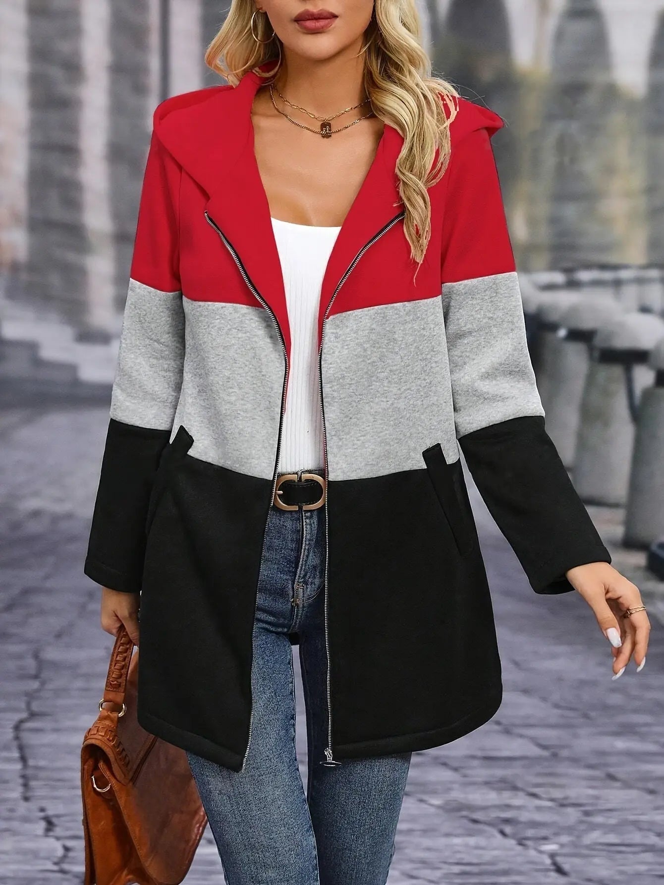 Women's Casual Long Sleeve Color Block Hooded Sweatshirt with Zipper - Fall/Winter Polyester Knit Hoodie with Stretch (Polyester 95%, Elastane 5%) MyFave Boutique