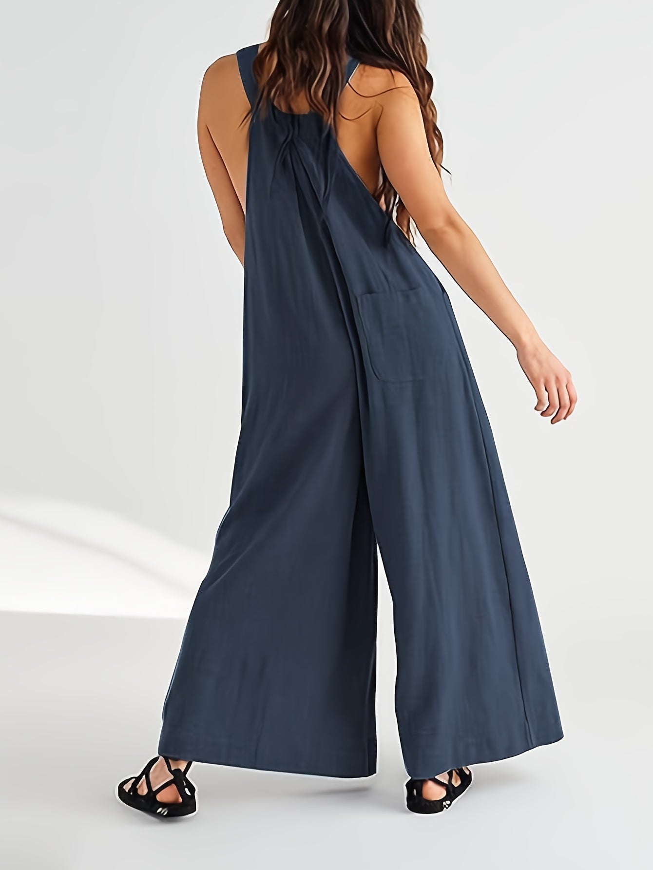 Solid Color Wide Leg Overall Jumpsuit, Casual Sleeveless Loose Overall Jumpsuit With Pocket, Women's Clothing MyFave Boutique