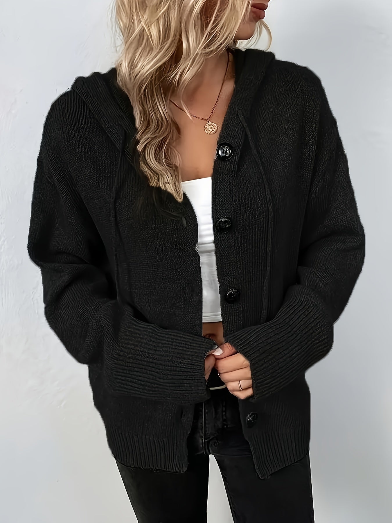 Women's Solid Knitted Drawstring Hooded Cardigan - Relaxed Button Front Long Sleeve Jacket for Fall/Autumn MyFave Boutique