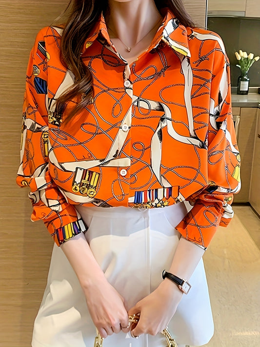 Chain Print Button Down Blouse, Elegant Collared Long Sleeve Blouse For Spring & Fall, Women's Clothing MyFave Boutique