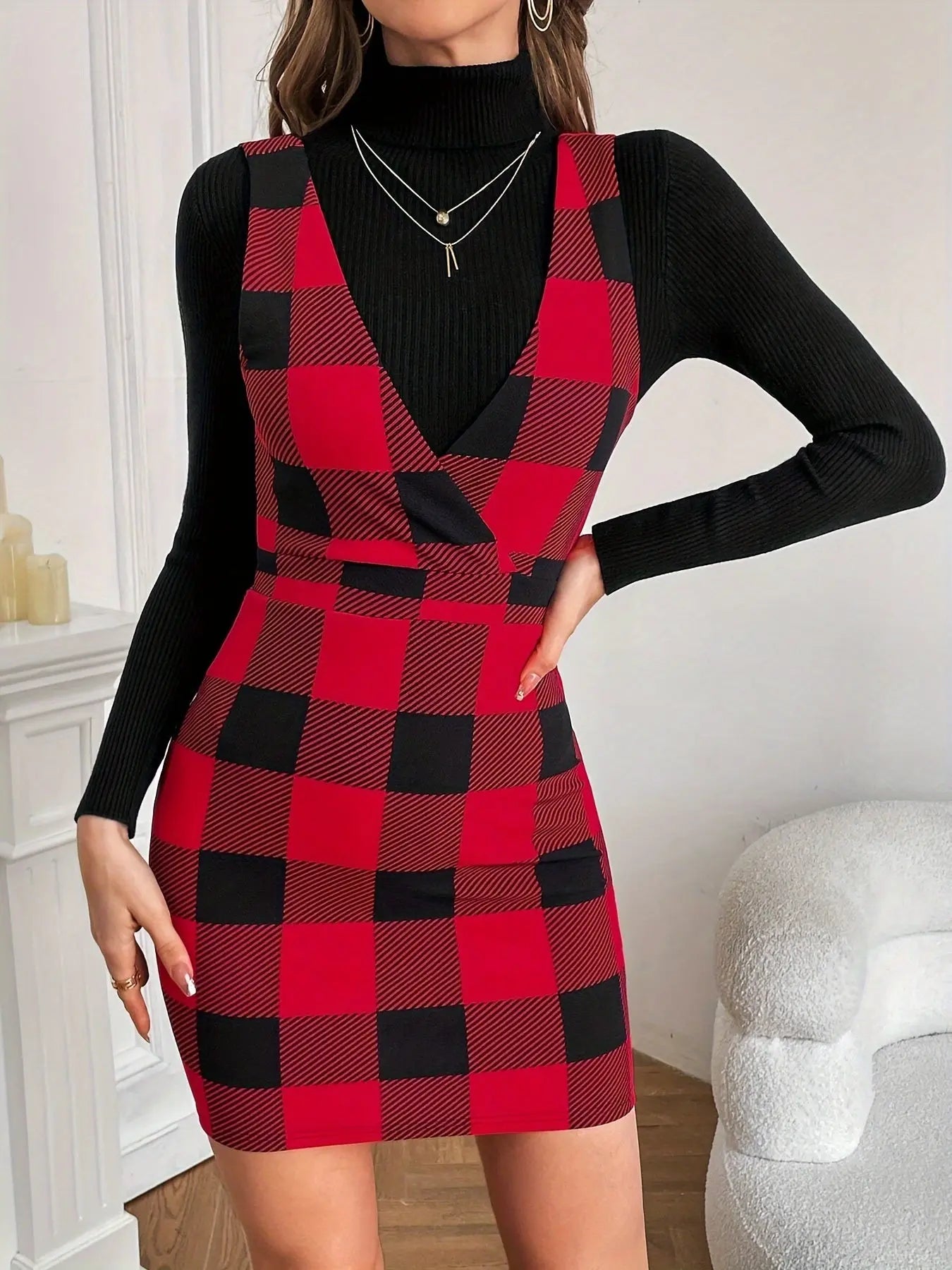 Elegant V-Neck Plaid Bodycon Dress for Women - 100% Polyester, Woven, All Season, Backless Detail, Red and Black MyFave Boutique