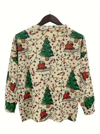 Elegant Crew Neck Festive Tree and Sleigh Print Long Sleeve Sweater for Women - Fall/Winter Pullover in Knit Polyester Blend (Polyester 71.50%, Acrylic 18%, Nylon 10.50%) MyFave Boutique