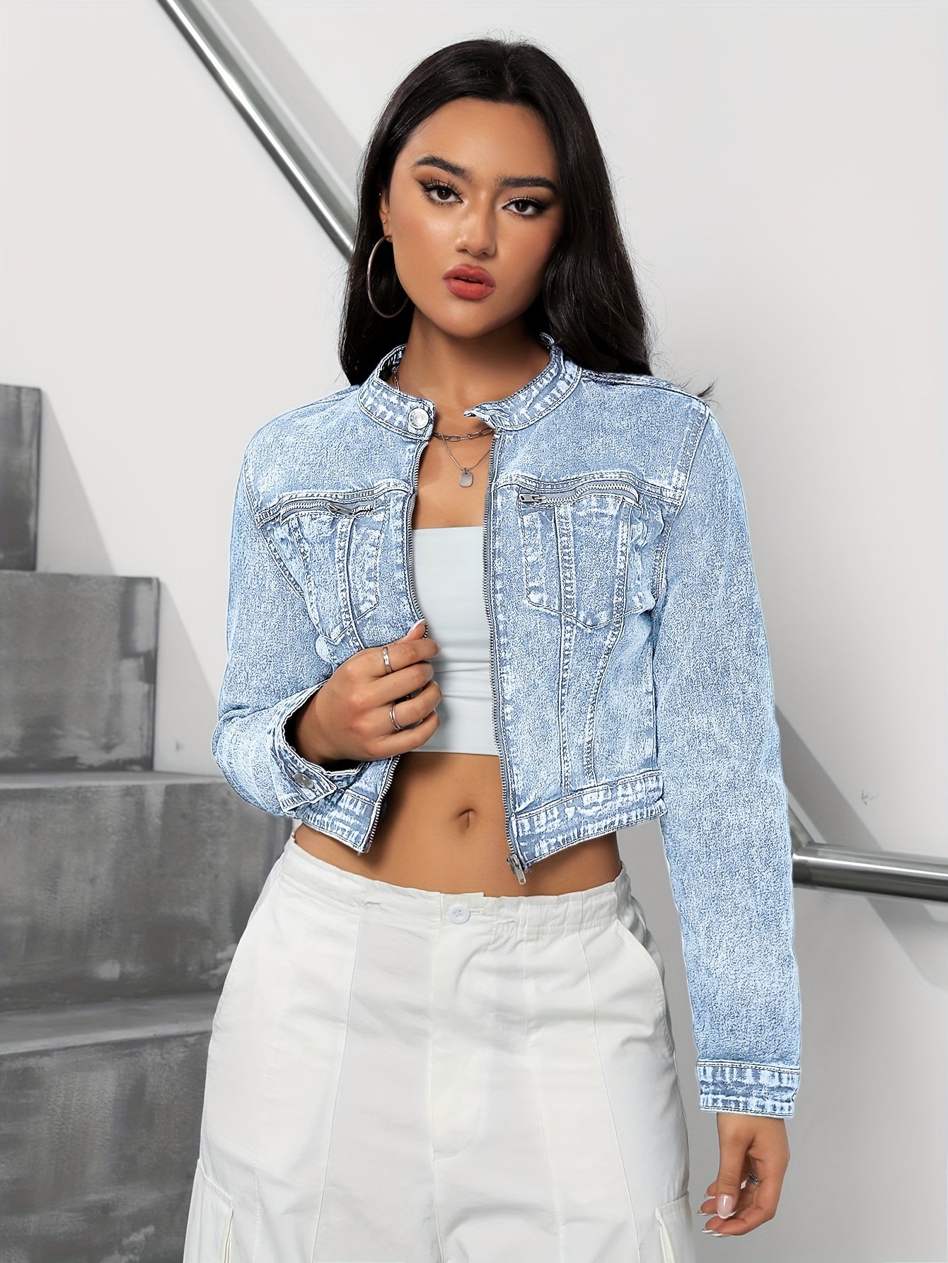 Women's Fashionable Cropped Denim Jacket, Casual Style, Zip-Up Jean Outerwear with Pockets, Versatile and Modern Look for Everyday Wear For Fall & Winter MyFave Boutique