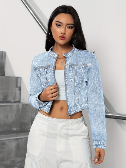 Women's Fashionable Cropped Denim Jacket, Casual Style, Zip-Up Jean Outerwear with Pockets, Versatile and Modern Look for Everyday Wear For Fall & Winter MyFave Boutique