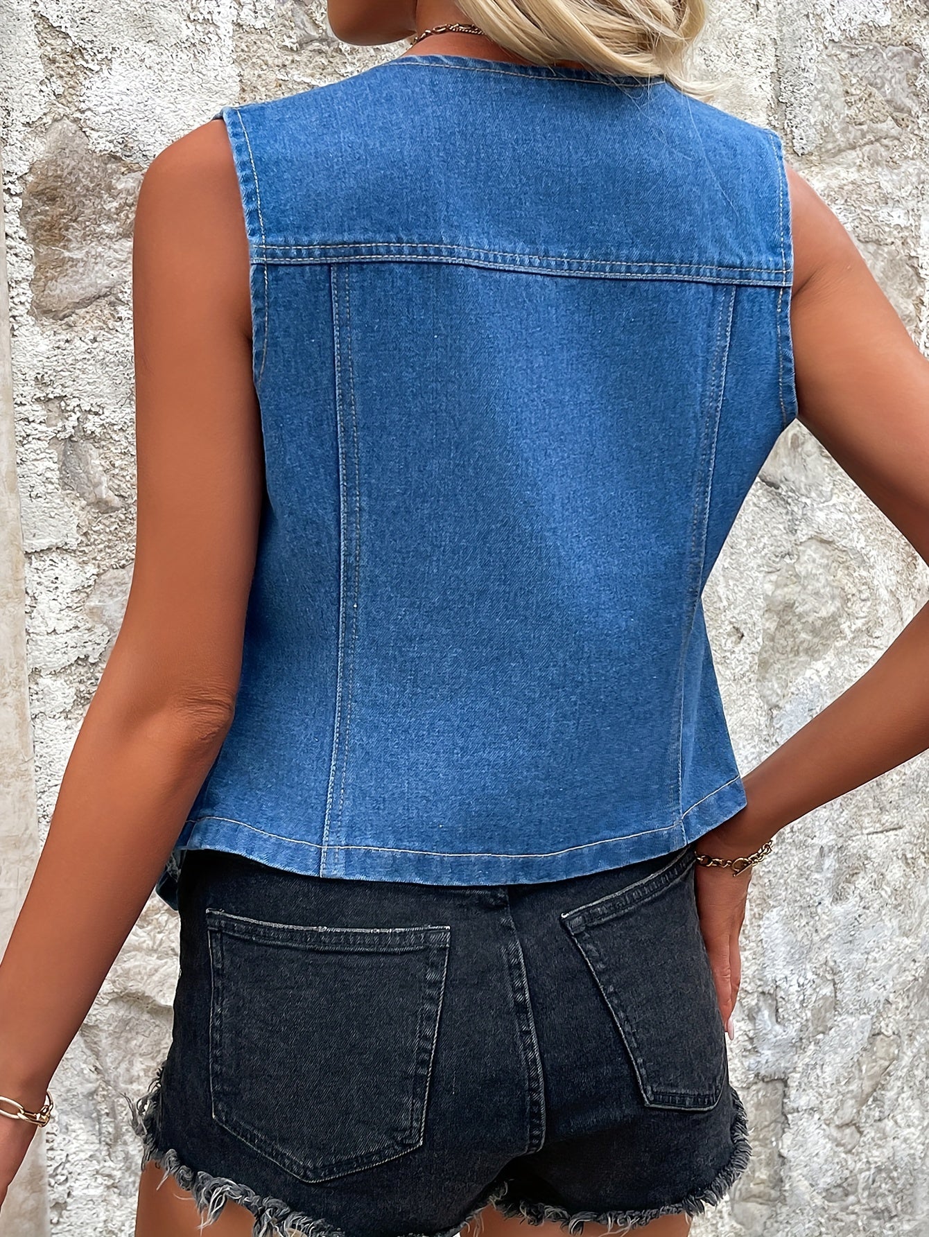 Women's Sleeveless V-Neck Denim Vest Jacket, Jean Top With Button Closure, Casual Elegant Style For Summer Outfits MyFave Boutique