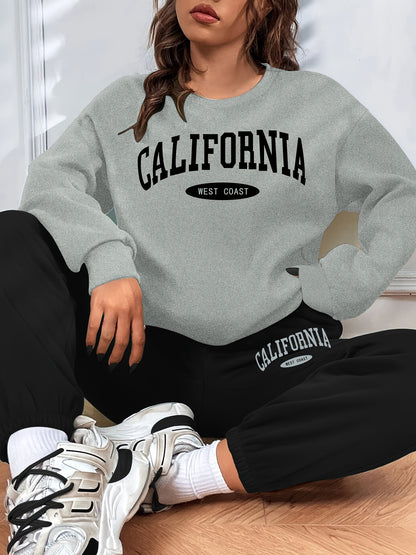 California Print Casual Two-piece Set, Long Sleeve Sweatshirt & Elastic Waist Sweatpants Outfits, Women's Clothing MyFave Boutique