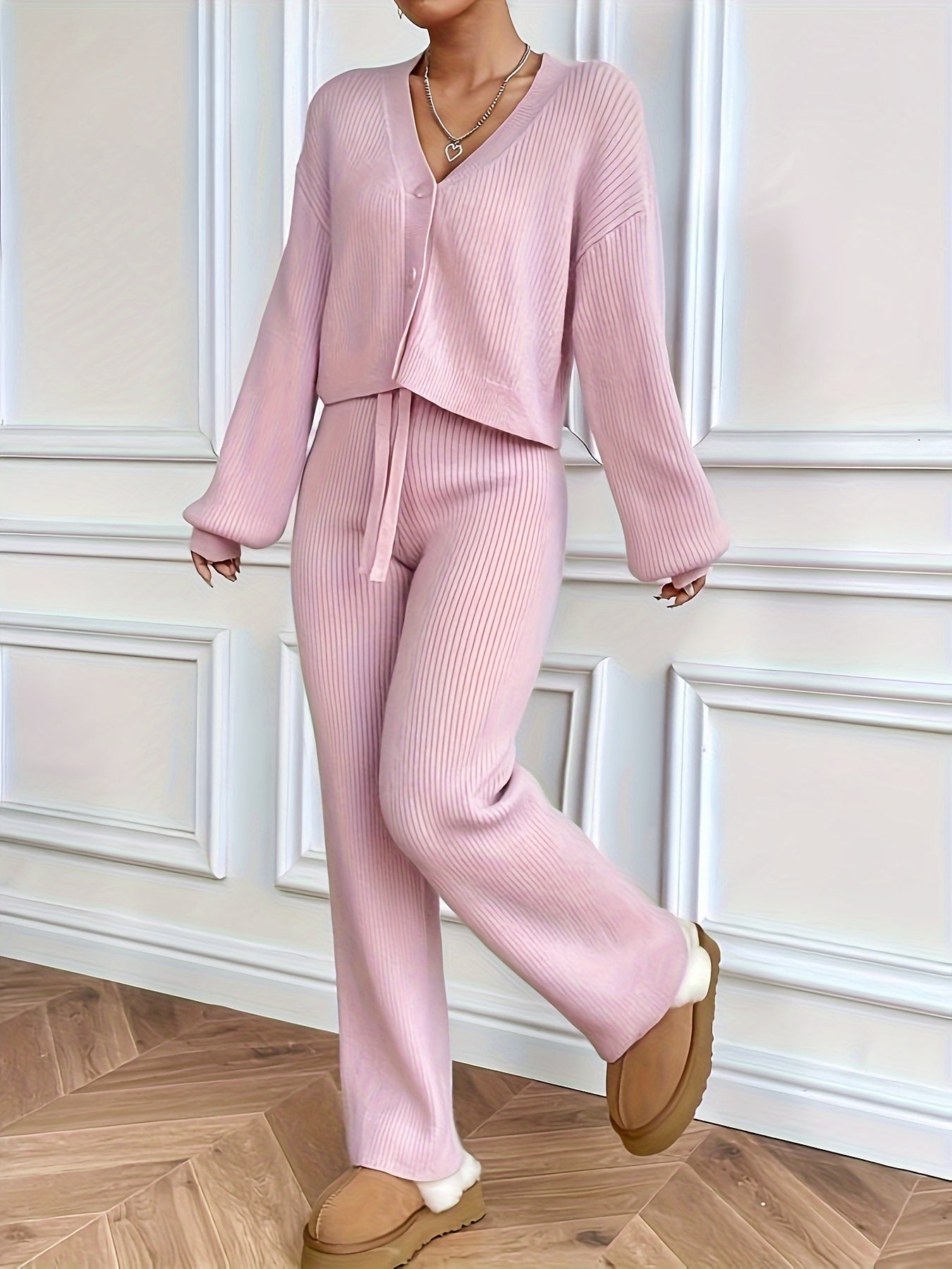 Elegant V-Neck Knit Sweater Set with Pants - Soft Pink, Polyester Blend, V-Neck, Solid Color, Knit Fabric, Women's Fashion MyFave Boutique