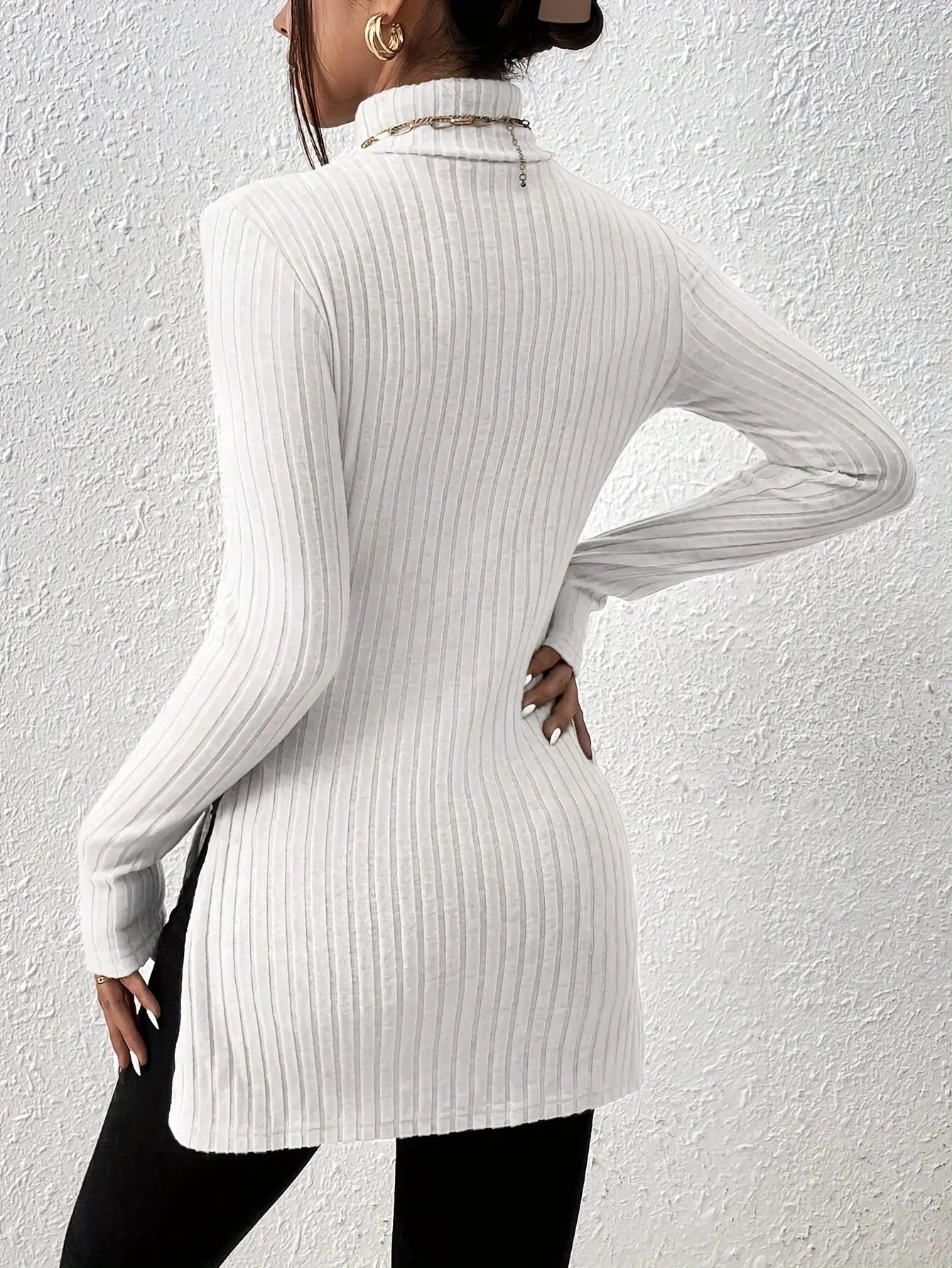 Elegant Split Long Sleeve Turtle Neck Rib Knit T-Shirt for Women MyFave Boutique