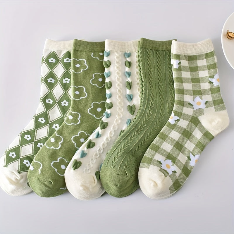 5 Pairs Floral Print Socks, Sweet & Comfy Mid Tube Socks, Women's Stockings & Hosiery MyFave Boutique