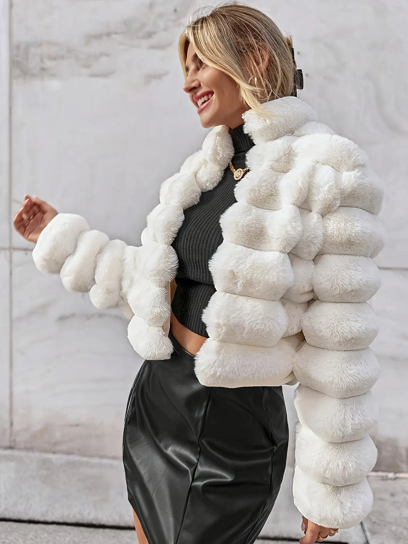 Faux Fue Open Front Fuzzy Coat, Elegant Chic Long Sleeve Warm Outerwear For Fall & Winter, Women's Clothing MyFave Boutique