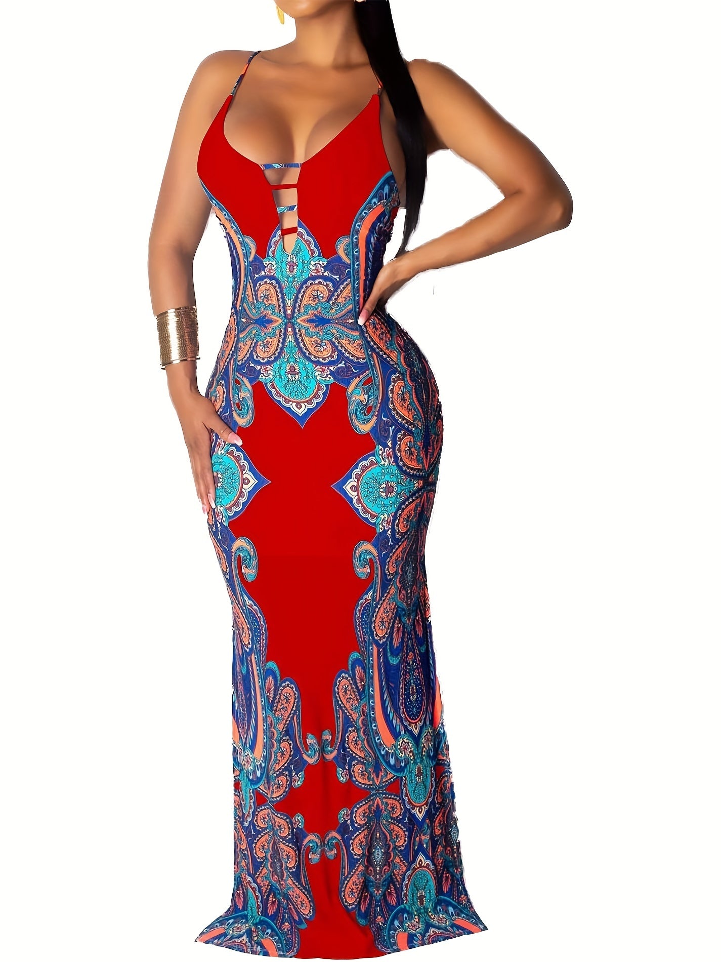 Womens Spaghetti Strap Leaf Printed Maxi Dress Bandage Bodycon Beach Holiday Long Dress MyFave Boutique