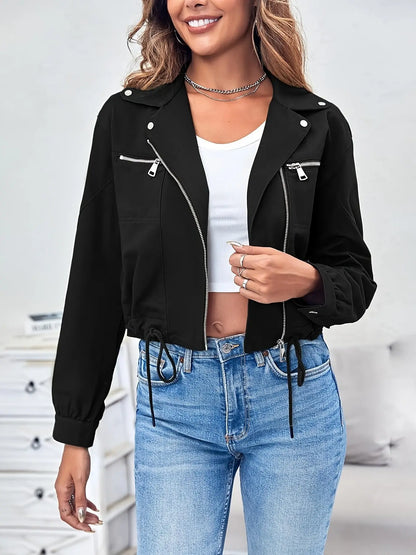 Zip Up Drawstring Crop Jacket, Casual Lapel Neck Long Sleeve Jacket For Spring & Fall, Women's Clothing MyFave Boutique