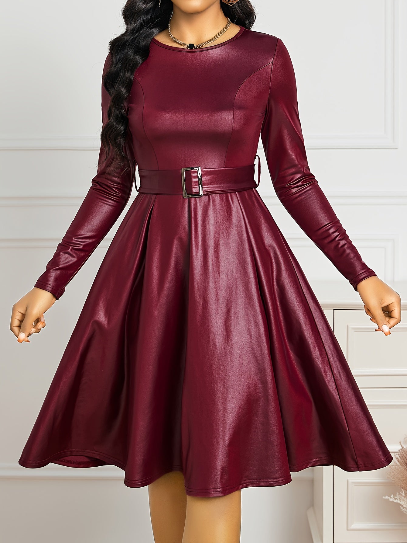 Women's Casual Long Sleeve Dress with Belted Waist and PU Leather Detailing MyFave Boutique