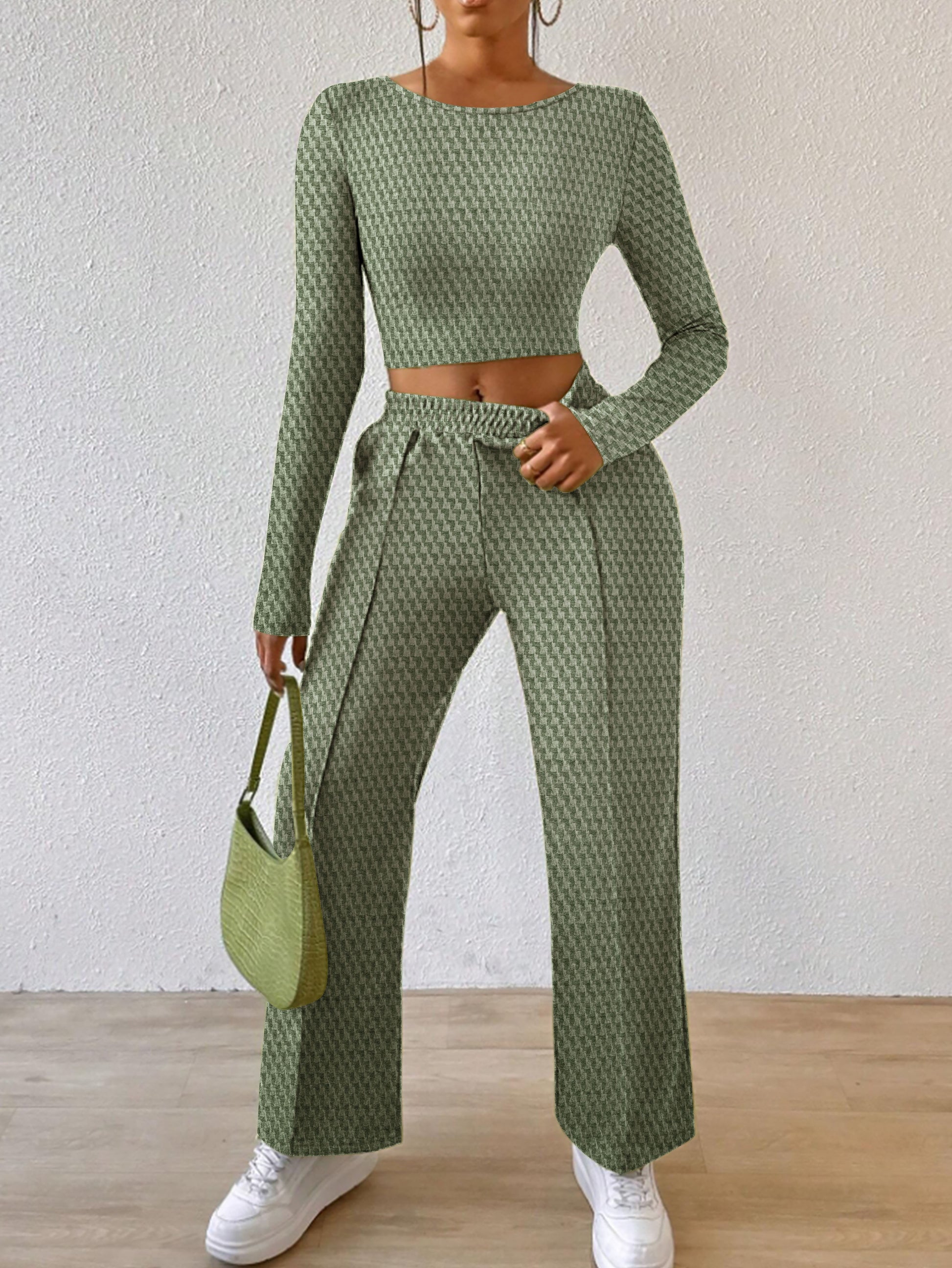 Solid Color Elegant Set, Crew Neck Long Sleeve Top & Pocket Pintuck Straight Leg Pants, Women's Clothing MyFave Boutique