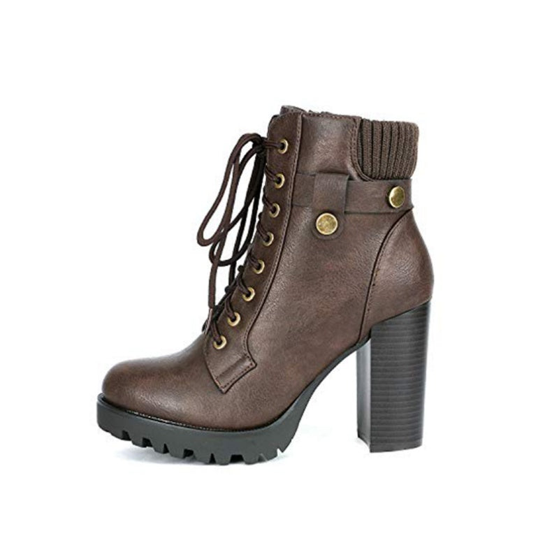 Women's Lace up Combat Ankle Boots, High Chunky Heel Fashion Heeled Booties Shoes MyFave Boutique