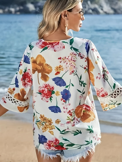 Floral Print V Neck Blouse, Elegant Loose Half Sleeve Blouse For Spring & Fall, Women's Clothing MyFave Boutique