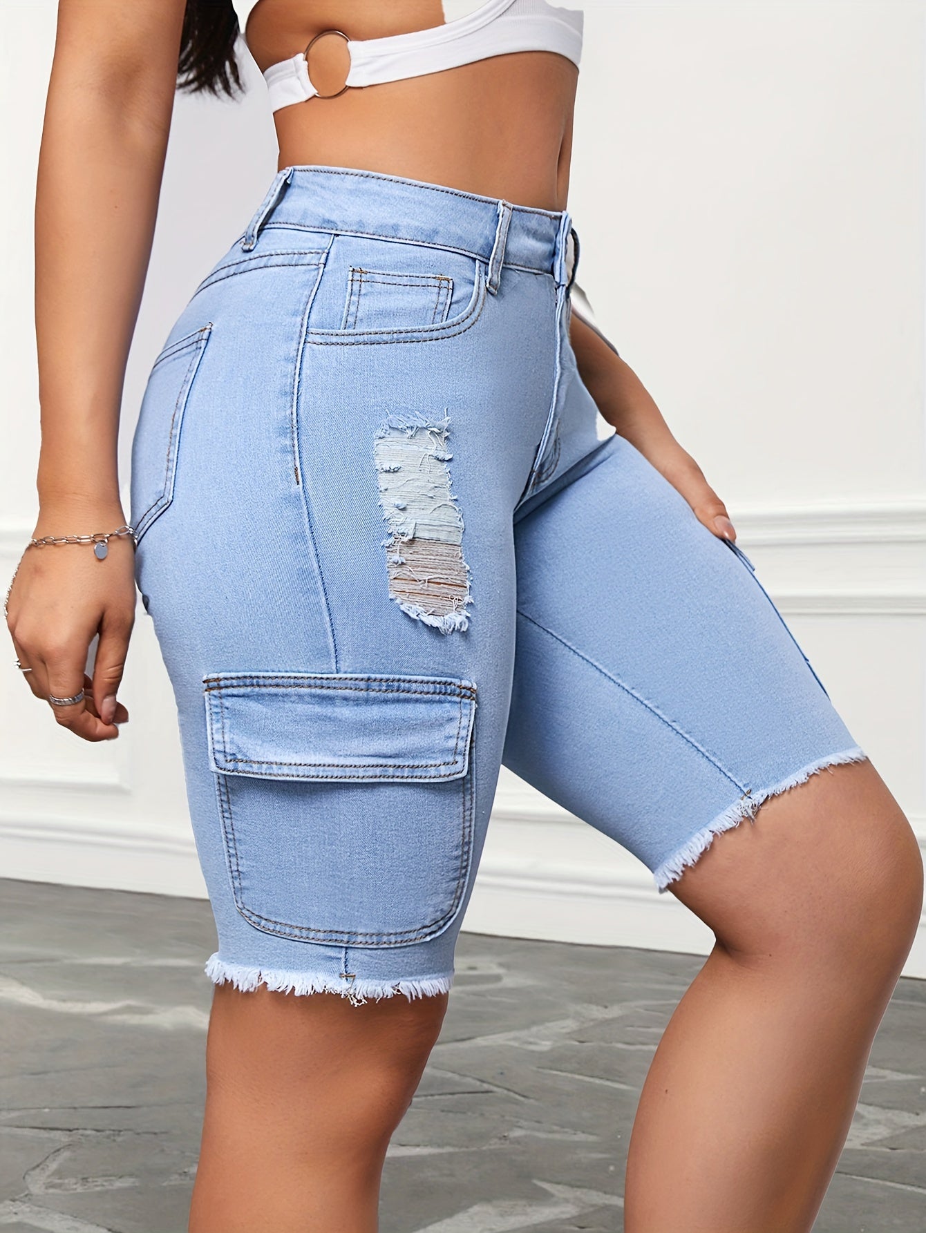 Women's High-Waisted Stretchy Flap Pocket Denim Bermuda Shorts, Fashionable Ripped Hem, Streetwear Knee-Length Jean Shorts MyFave Boutique