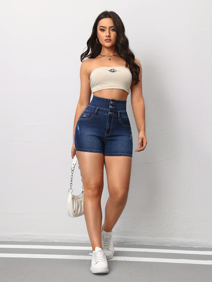 Stylish High-Rise Denim Shorts - Single-Breasted, Ripped Detailing, Casual Summer Wear for Women MyFave Boutique