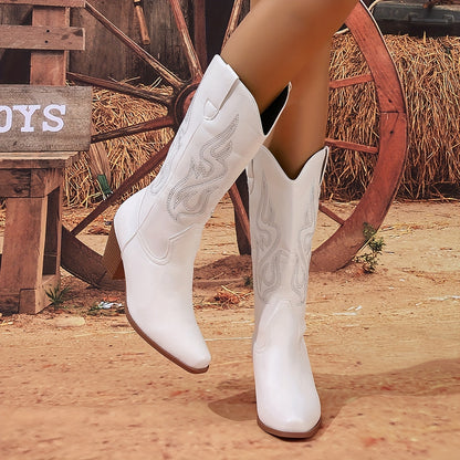 Chic White Embroidered Western Boots For Women - Square Toe, Chunky Heel, Slip-On Mid-Calf Design With Faux Cover & Fabric Lining MyFave Boutique