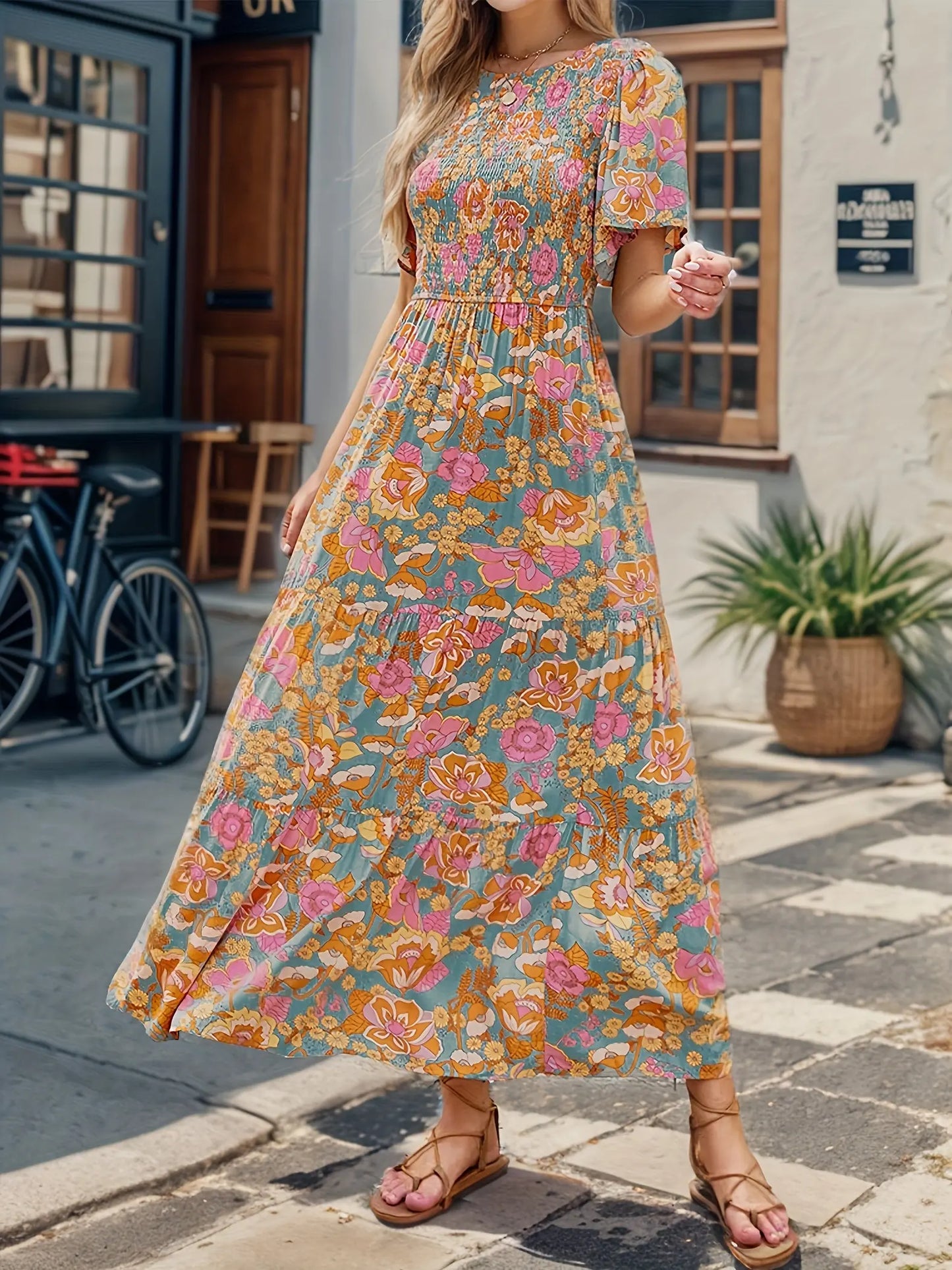 Floral Print Shirred Bust Dress - Elegant Ruffle Sleeve A-line Dress, Maxi Dress, for Spring & Summer MyFave Boutique