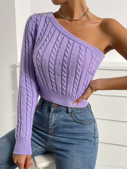 Solid One Shoulder Cable Knit Sweater, Sexy Long Sleeve Stylish Sweater, Women's Clothing MyFave Boutique