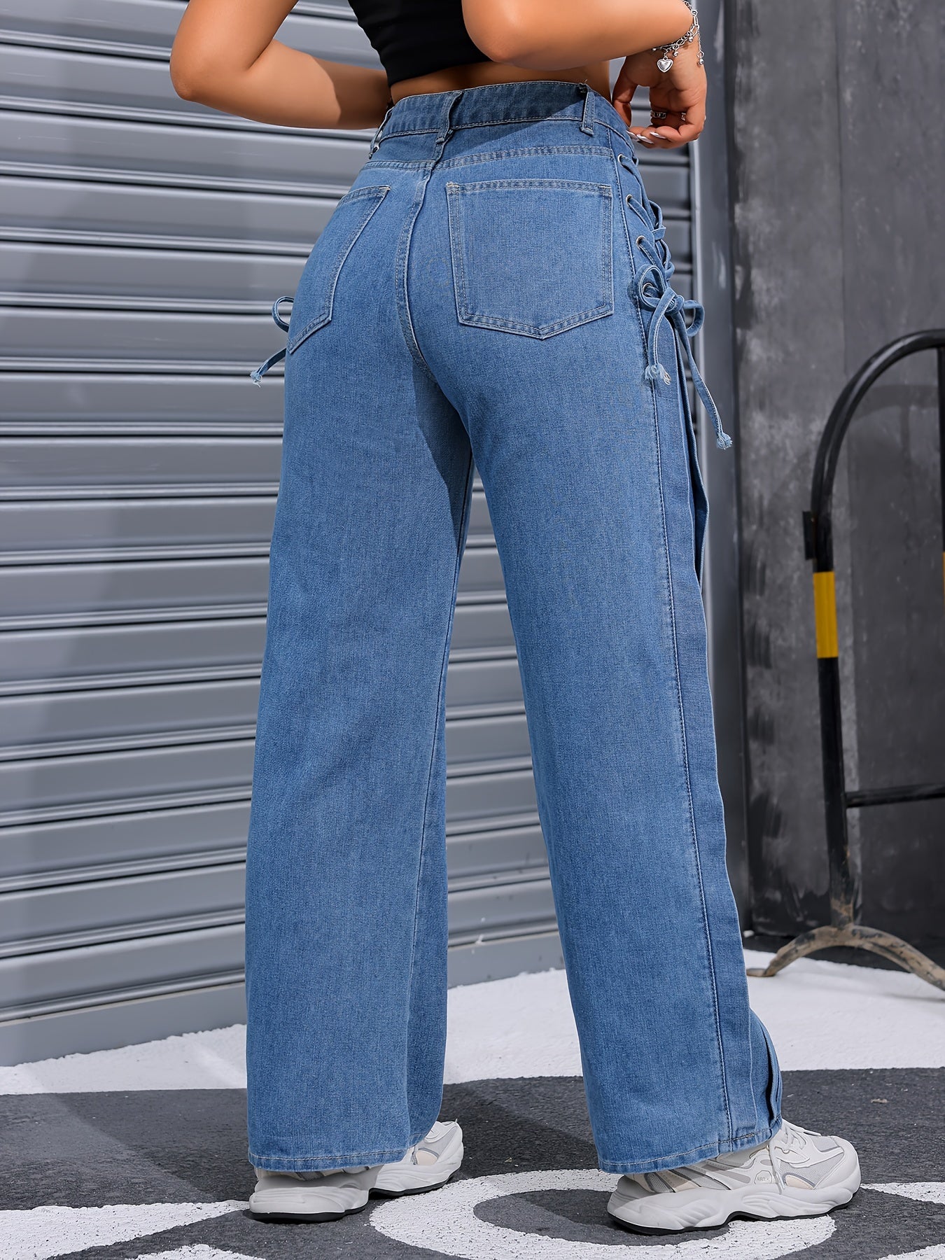 High-Waisted Wide Leg Denim Pants - Lace-Up Closure, Non-Stretch Fabric, Solid Color, Street Style, Customized Fit, All-Season Wear, Comfortable and Chic MyFave Boutique