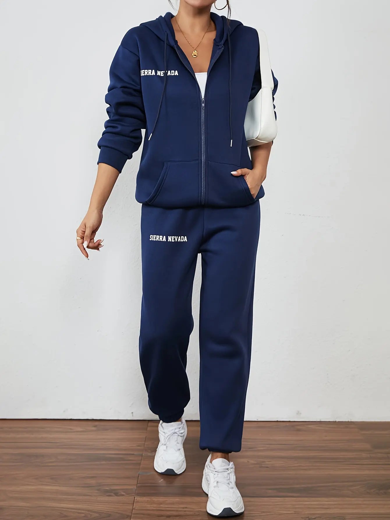 Women's Casual Letter Print Fleece Hoodie & Joggers Set - Zip-Up, Drawstring Sweatshirt with Pockets and Elastic Waist Pants for Fall/Winter MyFave Boutique