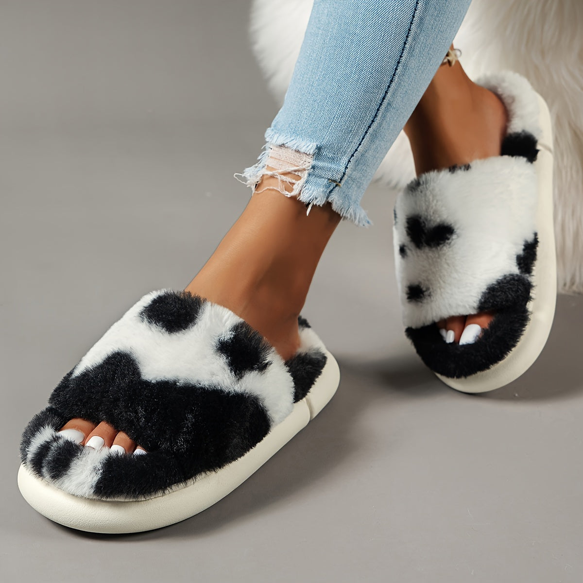 Comfy and Warm Furry House Slippers with Open Toe and Single Band Platform MyFave Boutique