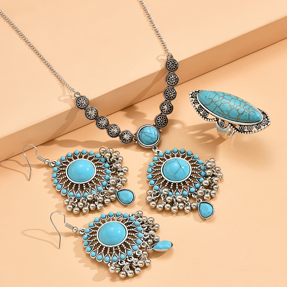 3pcs set Vintage Turquoise Jewelry Set - Timeless Elegance with Handcrafted Necklace, Earrings & Ring - Bohemian Charm for a Statement Look MyFave Boutique