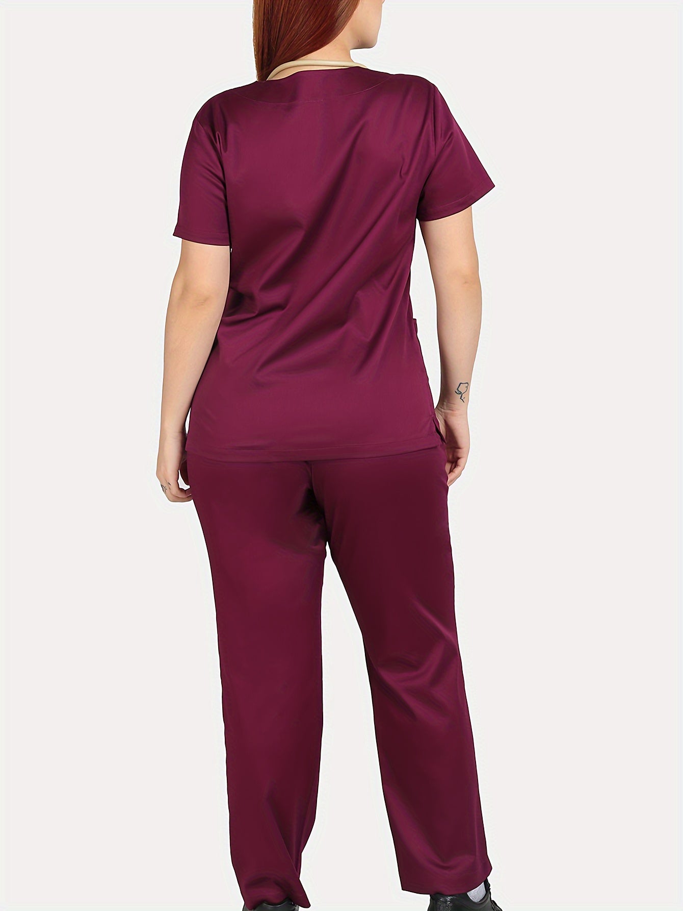 Functional Two-piece Set, V Neck Short Sleeve Pockets Uniforms Top & Straight Leg Pants, Women's Clothings MyFave Boutique