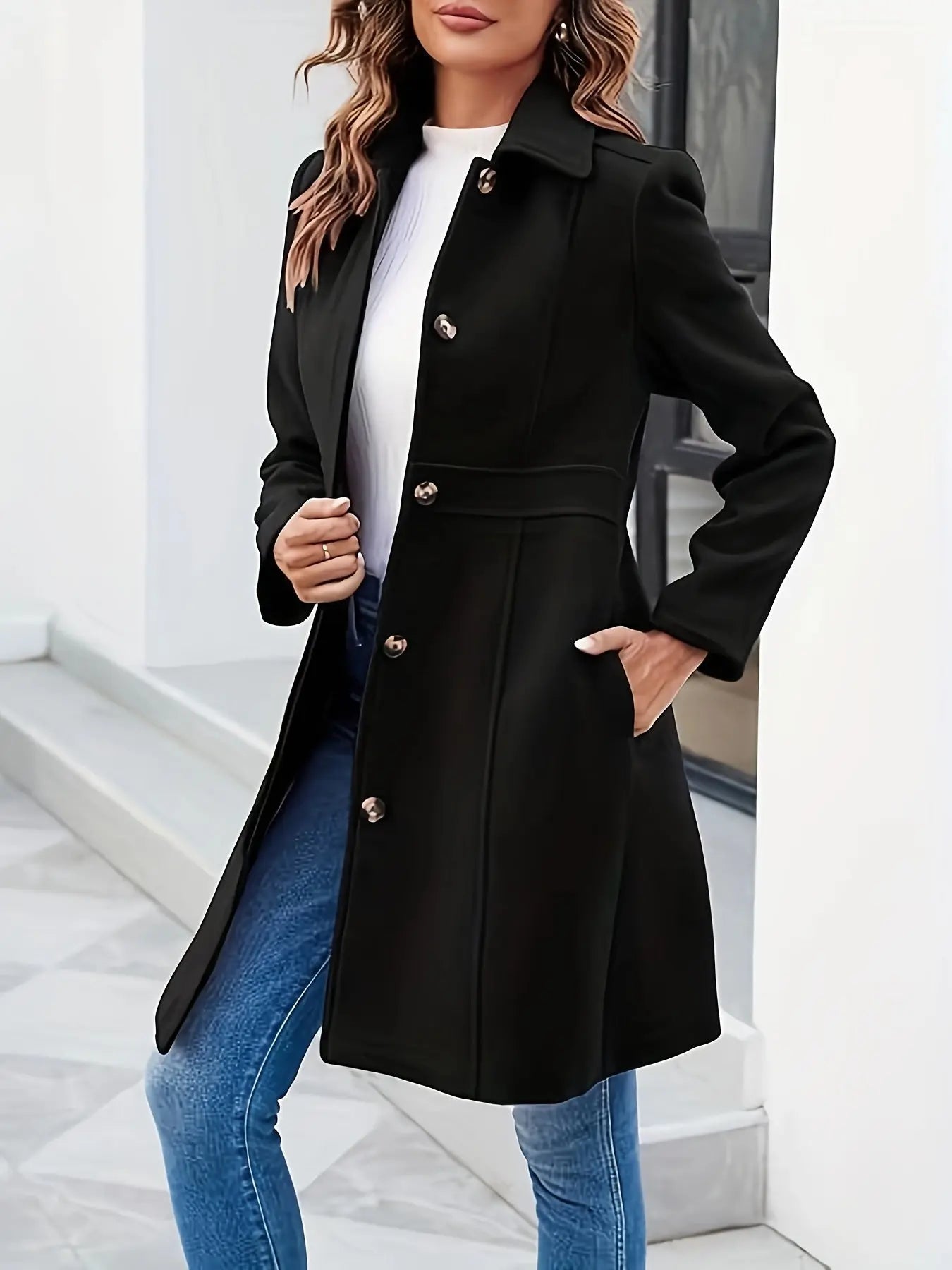 Women's Elegant Single Breasted Coat Long Sleeve Mid Winter Overcoat Work Office Pea Coats MyFave Boutique