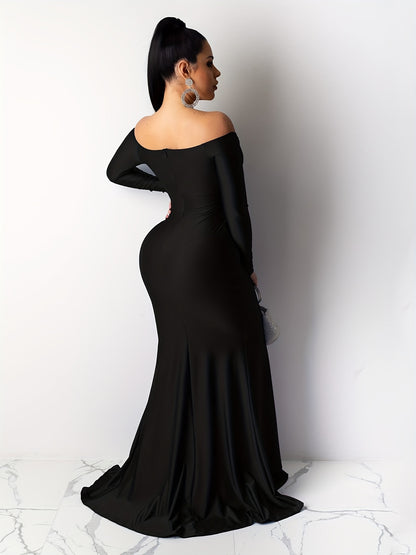 Women Off Shoulder V-Neck Maxi Long Dress Ruched Split Bodycon Mermaid Evening Cocktail Formal Dresses MyFave Boutique