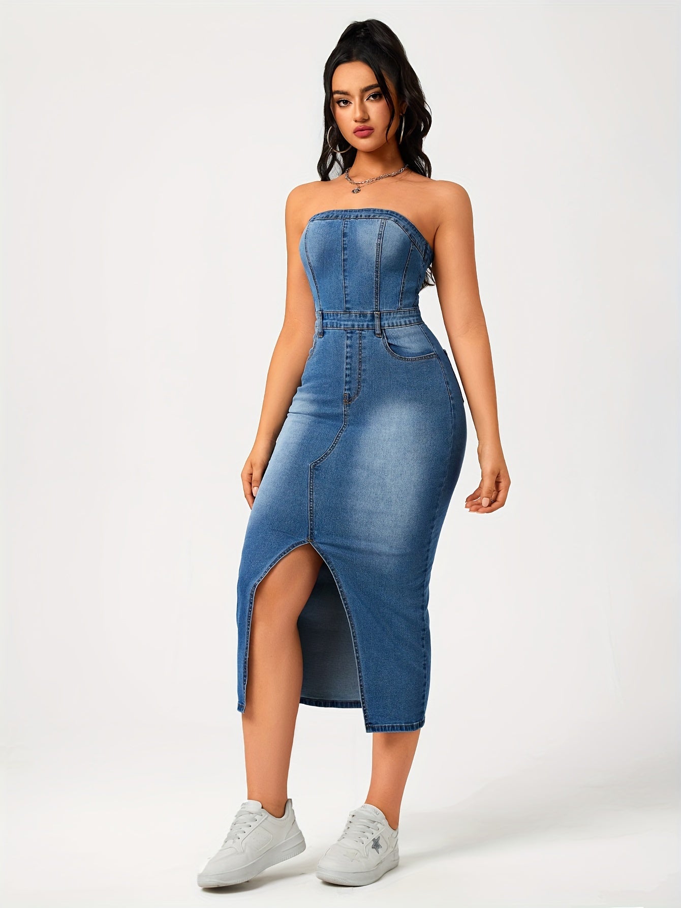 Plain Washed Blue Split Front Bandeau Zipper Bodycon Midi Denim Dress, Women's Denim Jeans & Clothing MyFave Boutique