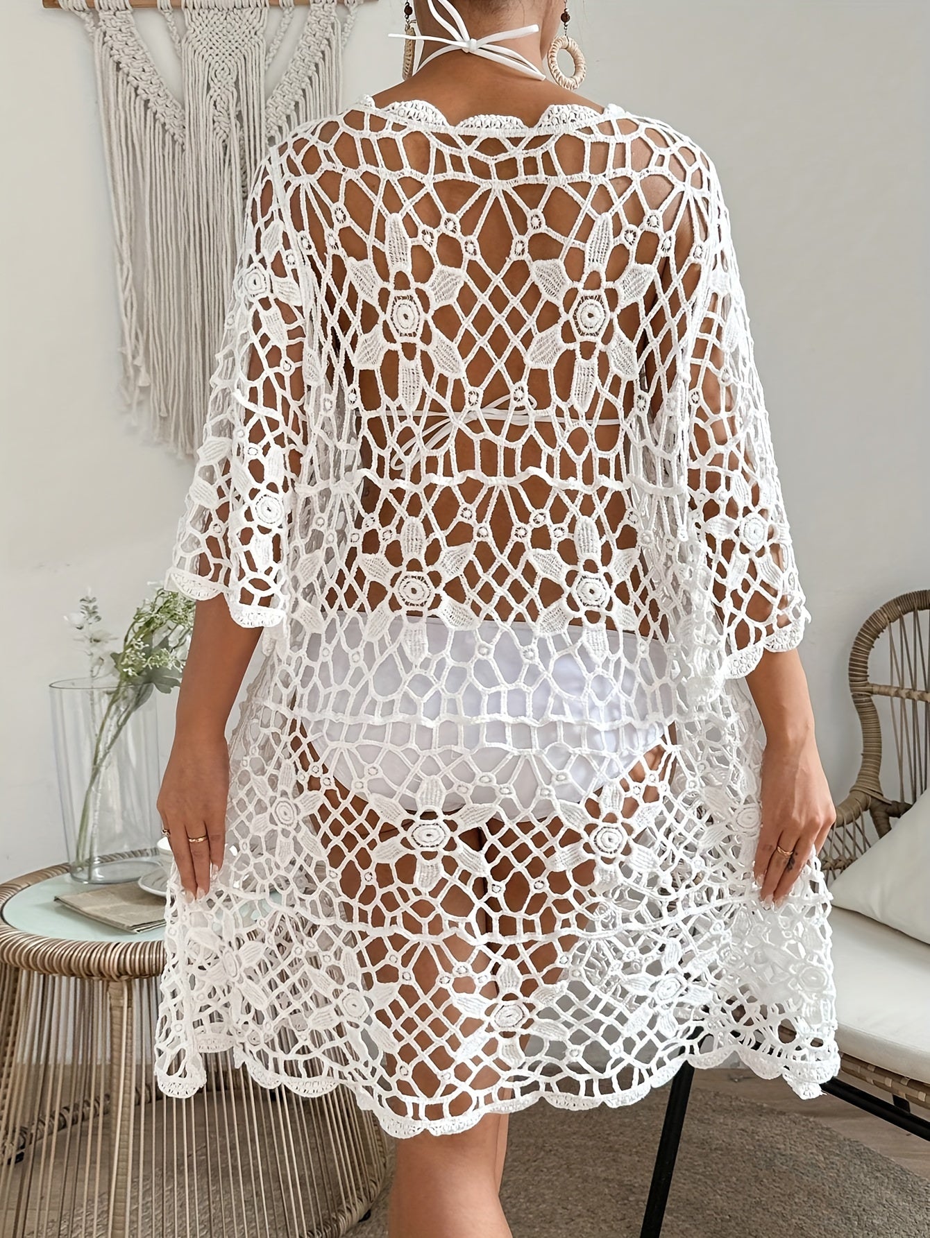 Boho Style Floral Hollow Out Knitted Semi Sheer Loose Fit Cover Up Dress Without Bikini, Women's Swimwear & Clothing MyFave Boutique