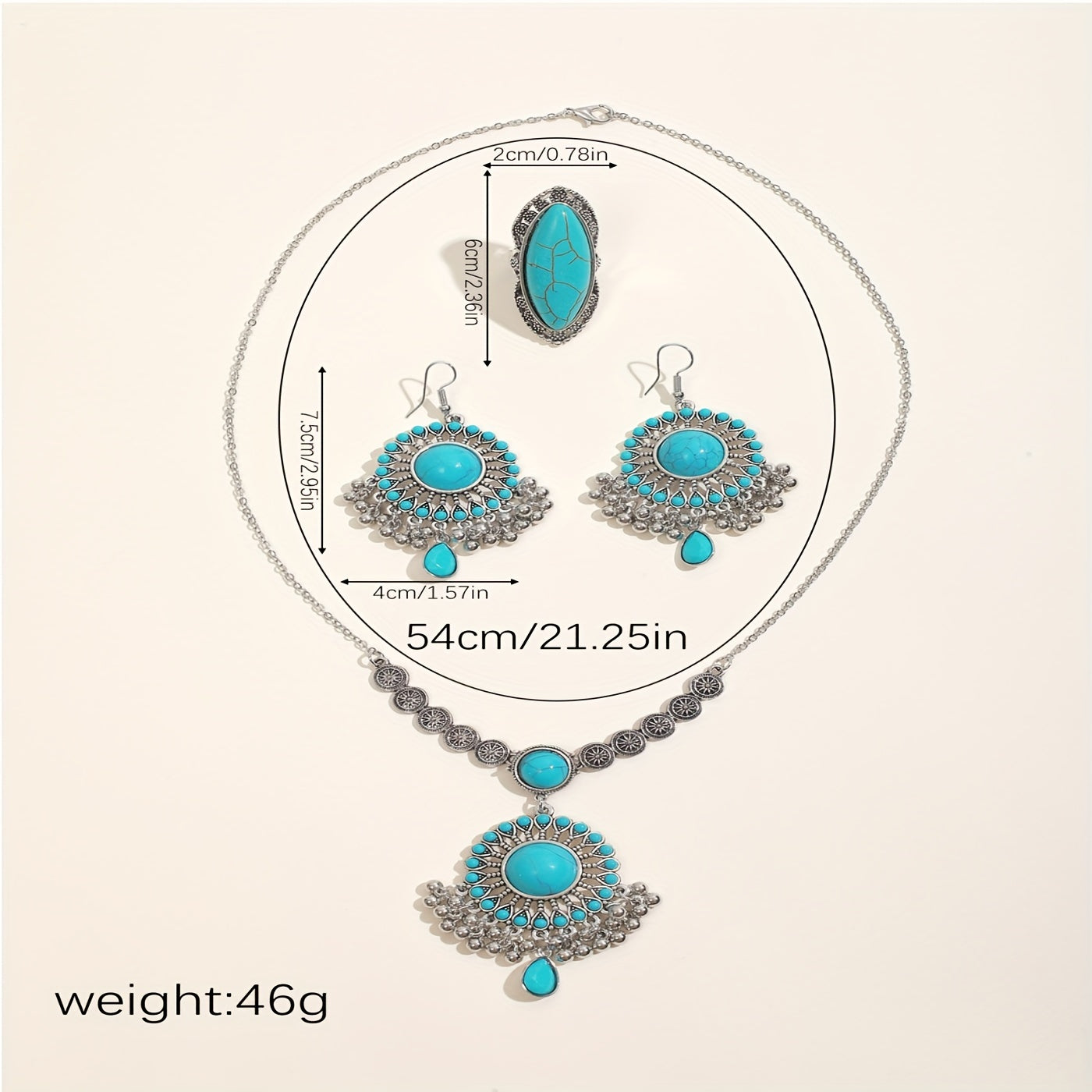 3pcs set Vintage Turquoise Jewelry Set - Timeless Elegance with Handcrafted Necklace, Earrings & Ring - Bohemian Charm for a Statement Look MyFave Boutique